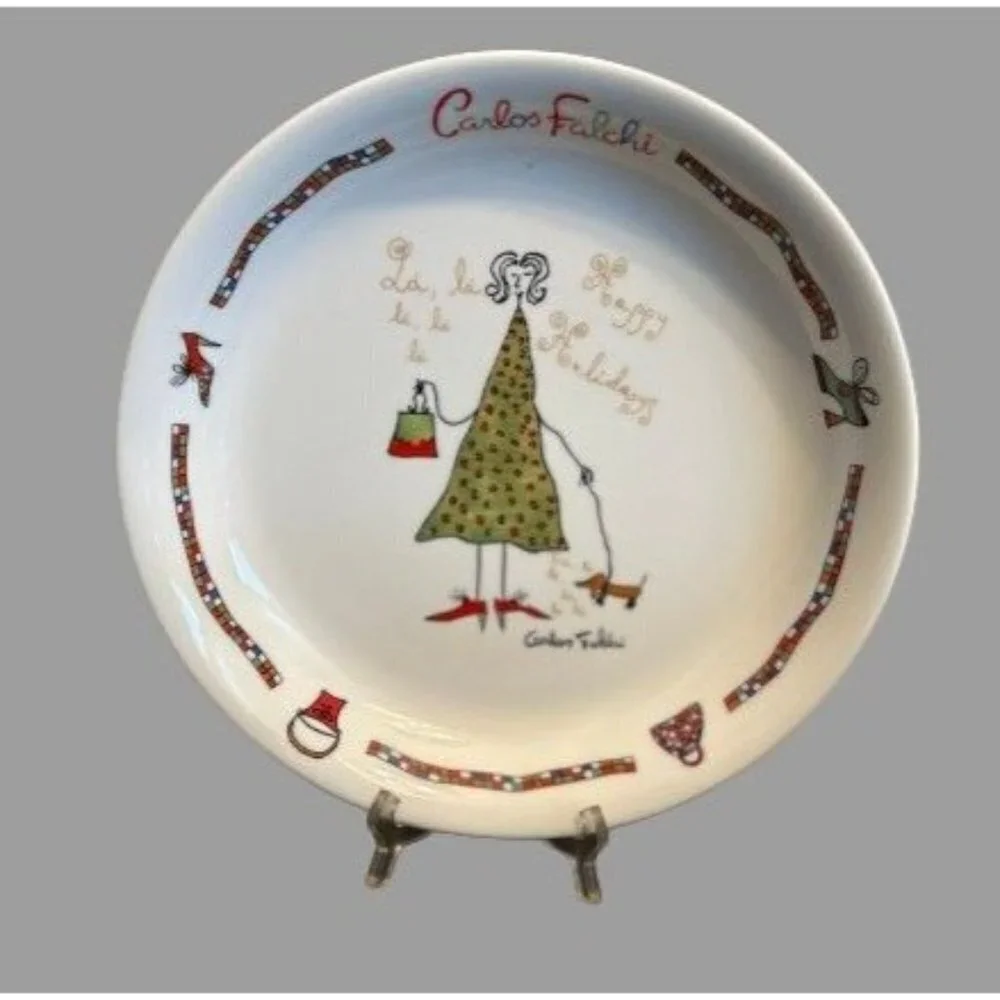 Carlos Falchi Christmas Plate Ceramic White 12
